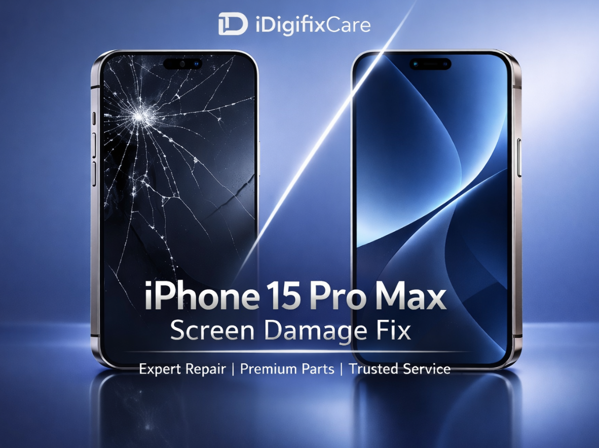 "Create a premium, high-end promotional banner in 600 x 400 landscape format for iDigifixCare, featuring an iPhone 15 Pro Max screen damage repair theme. Show a luxurious before-and-after composition: on the left, a realistic iPhone 15 Pro Max with a cracked, damaged screen and subtle impact lines; on the right, the same device perfectly repaired with a flawless, ultra-clear display and polished titanium frame. Use a sleek dark navy, silver, and white color palette with elegant lighting, soft reflections, and a refined tech-service feel. Add bold premium headline text: 'iPhone 15 Pro Max Screen Damage Fix'. Include smaller classy subtext: 'Expert Repair | Premium Parts | Trusted Service'. Keep the layout minimal, clean, and sophisticated, with sharp product rendering, studio-style lighting, and a professional luxury-brand appearance. No people, no clutter, no watermark, no extra devices."