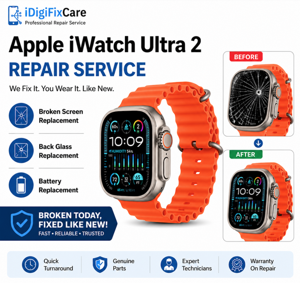Apple iWatch Ultra 2 Repair Service iDigiFixCare Who Provide Broken Screen Replacement, Back Glass Replacement , Battery Replacement,